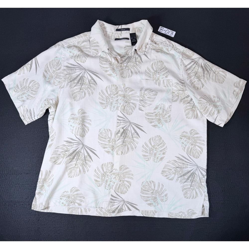 Claiborne Mens XL Short Sleeve Button Down Shirt 100% Silk Tropical Palm Leaf